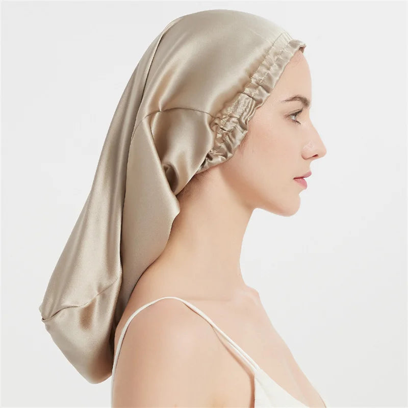 Luxury Comfortable Solid100% Real Silk Long Nightcap Hair Care Perm Beauty Sleeping Hat