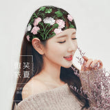 New Wide Headband for Women Ethnic Embroidery Flower Mesh Wide Edge Headbands Hibiscus Mutabilis Lace Bandaba Turban Headwear