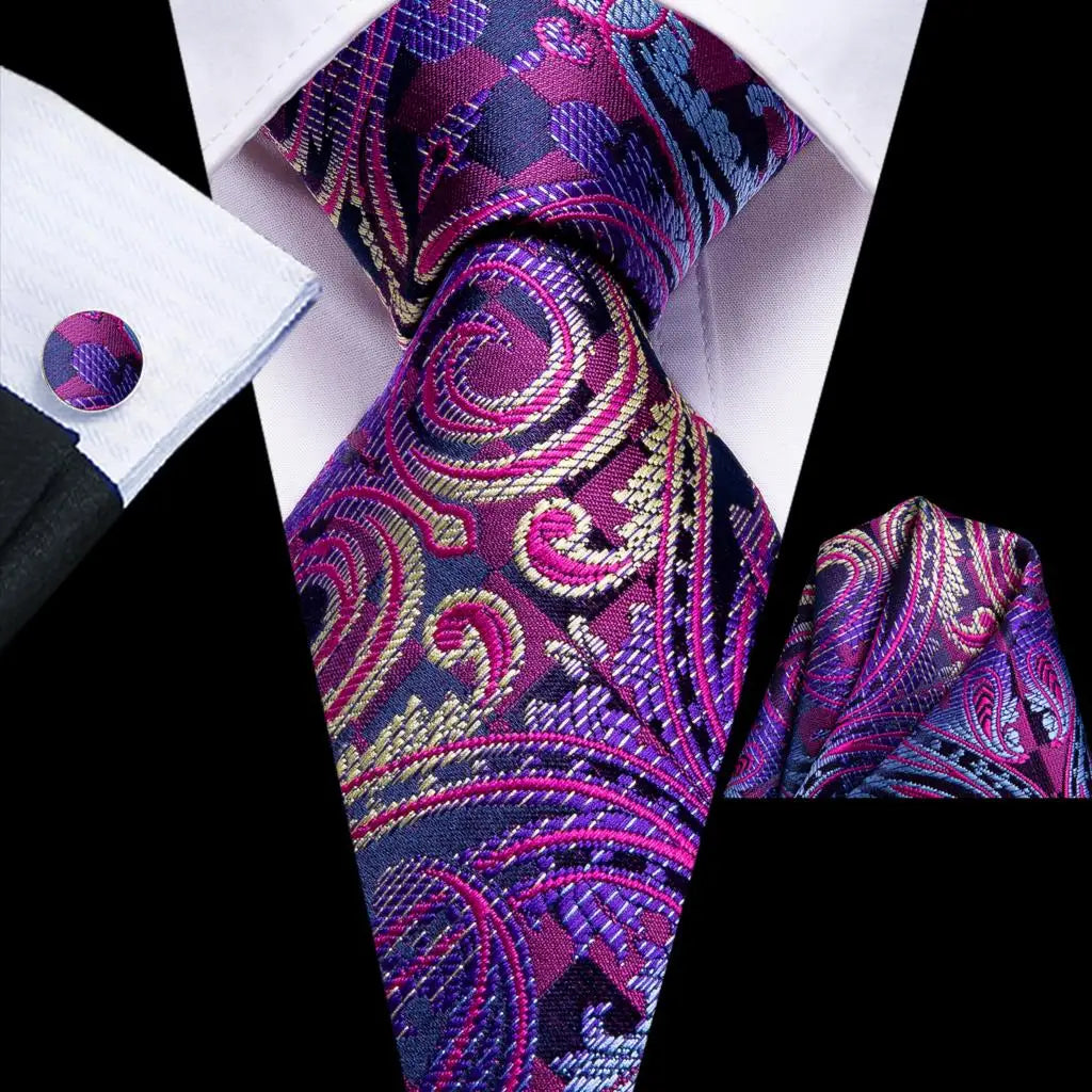 Hi-Tie Designer Purple Solid Paisley Silk Wedding Tie For Men Quality Hanky Cufflink Men Gift Necktie Set Fashion Dropshipping