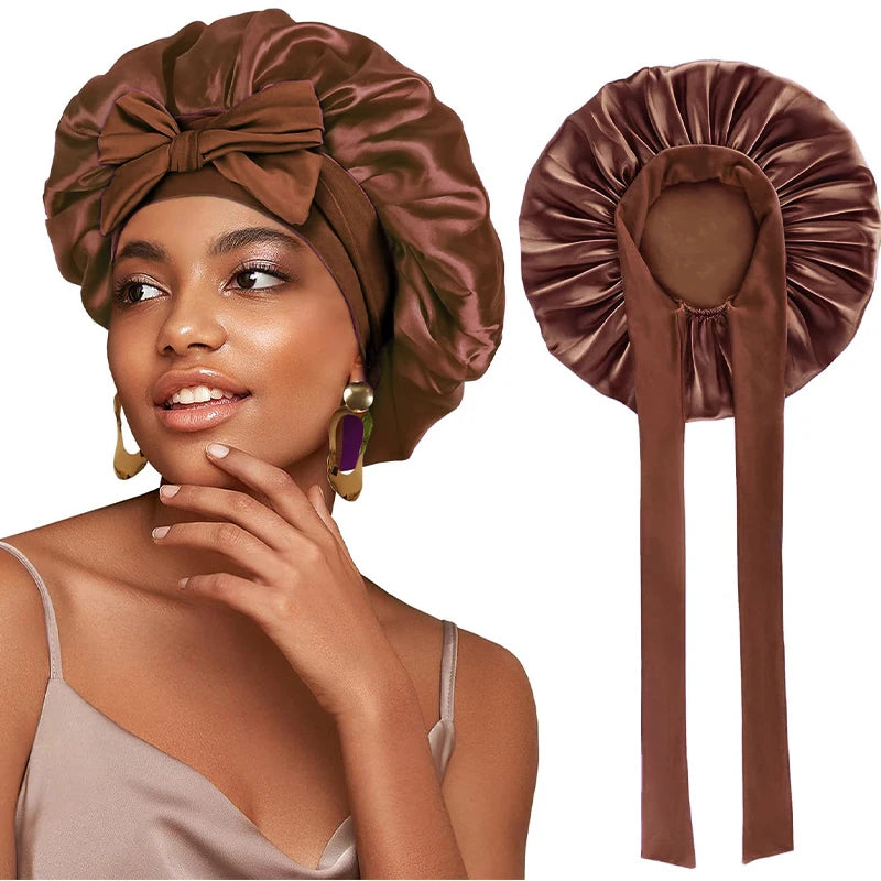 New Women Satin Bonnet Silky Sleep Cap Curly Hair Wrap For Sleeping Cap Adjustable Bonnets With Tie Band Nightcap Hair Care Cap