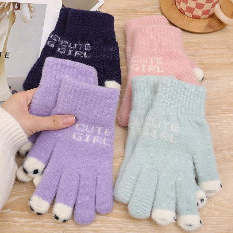 Cute Panda Fingertip Warm Gloves Women Girls Winter Fluffy Knitted Fingerless Glove Wool Touchscreen Phone Full Finger Mittens