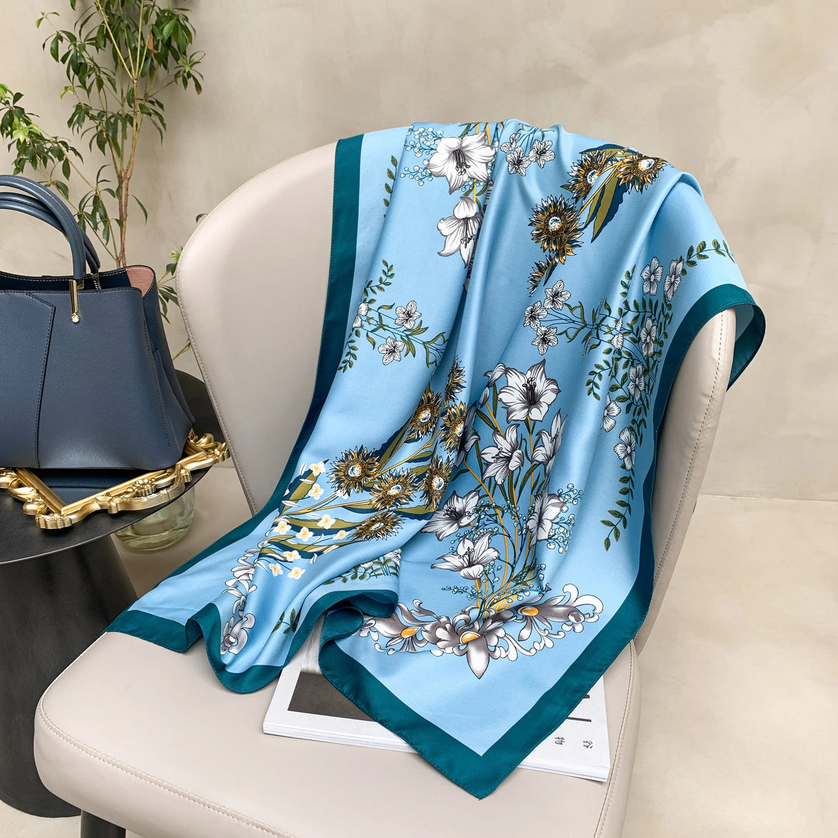90*90cm Women Scarf Silk Feeling Hair Neck Square Brand Office bandanna muffler Waiter Flight Attendants Handkerchief Rings wrap