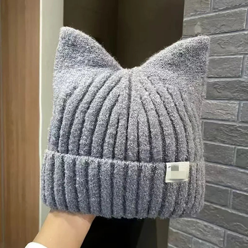 Cute Cat Ears Beanies For Women Autumn And Winter Warm Ear Protection Sweet Versatile Pullover Knitted Hats