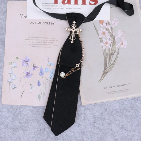 Hand Made Black Ribbon Tie Crystal Rhinestone Jewelry Men White Shirts College Girl Boys Collar Neck Ties Uniform Women Necktie