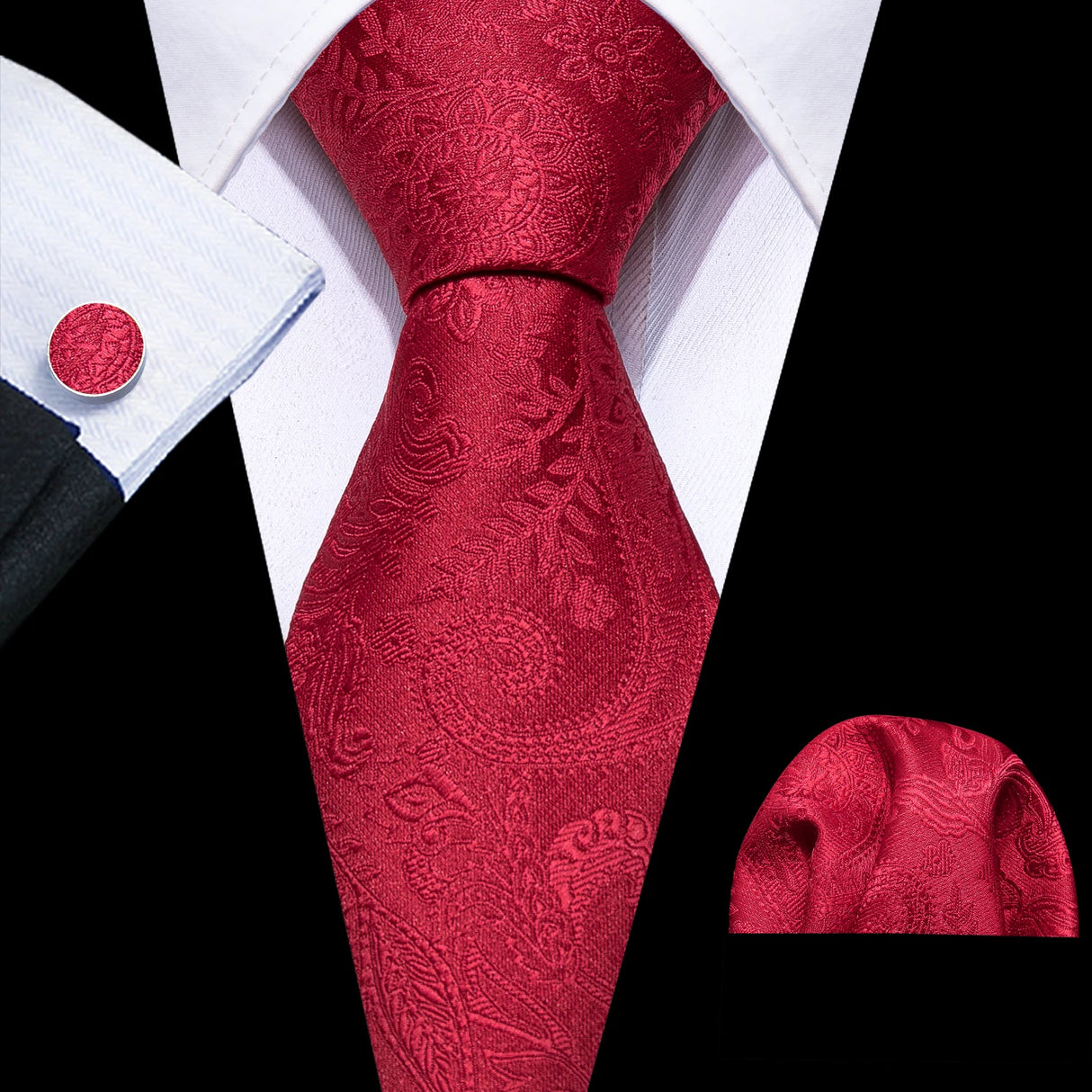 Red Silk Wedding Necktie Jacquard Woven Striped Ties For Men Tie Handkerchief Cufflink Set Barry.Wang Fashion Designer FA-5028