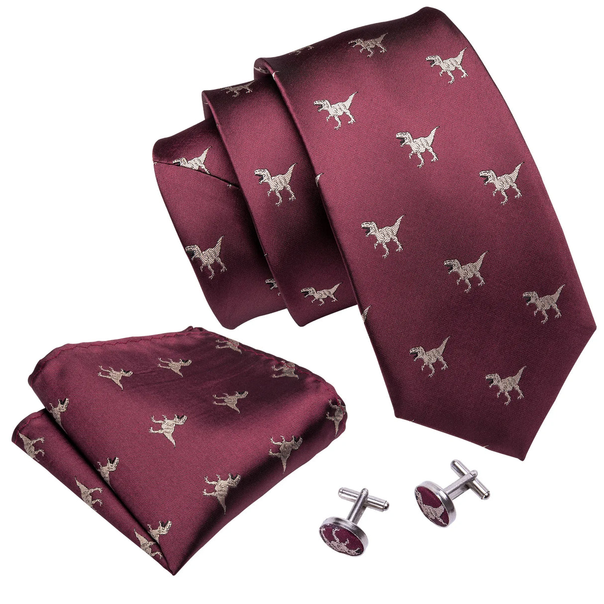 Barry.Wang Novelty Silk Men Tie Handkerchief Cufflinks Set Jacquard Animal Dinosaur Bat Gravat Necktie For Male Wedding Business