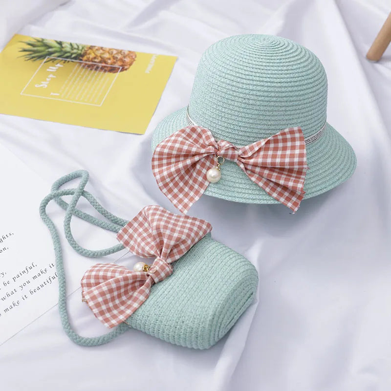 Summer Baby Straw Hat With Handbag Flower Breathable Beach Hat Bags Kids Hat Boy Girls Sun Visor UV protection panama Hat gorras