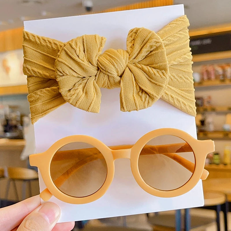 2 Pcs/Set New Children Solid Color Cotton Bowknot Wide Hairband Round Sunglasses Set Baby Girls Sunglasses Kids Hair Accessories