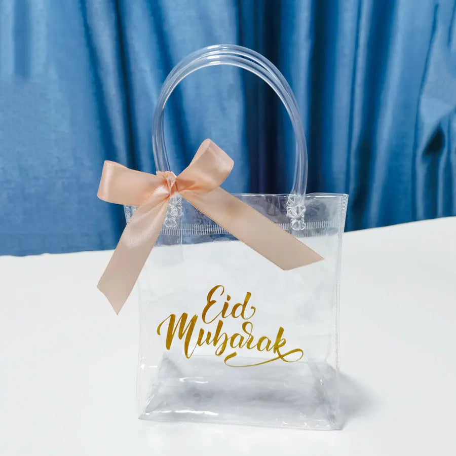 10Pcs Eid Mubarak Clear Gift Bags with Handle Ribbons Reusable Transparent PVC Bag for Islamic Muslim Party Favor Decorations