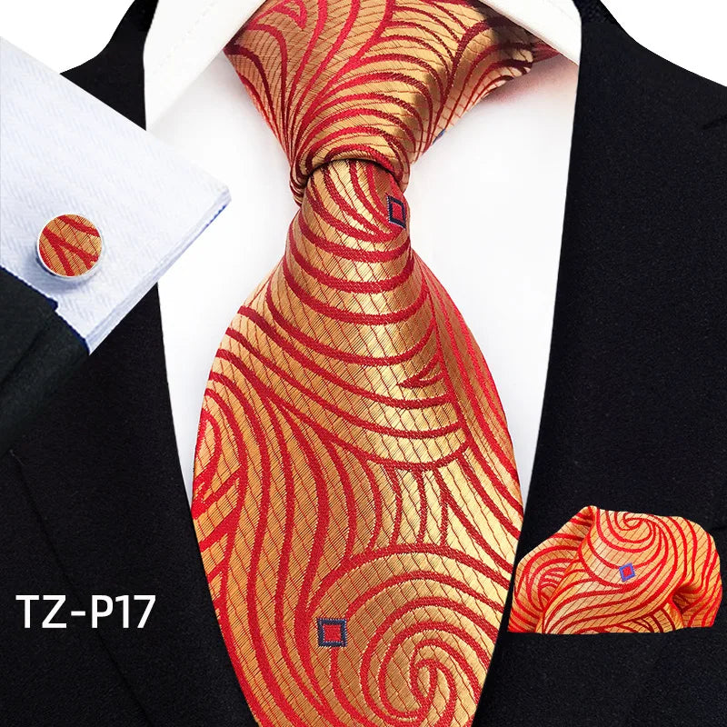 Orange Novelty Ties For Men Plaid Flower Design Silk Wedding Necktie For Men Hanky Cufflinks Gifts Business Party Suit Bow Tie