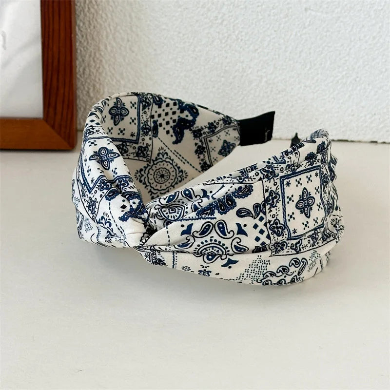 New Bohemian Paisley Print Headbands Cross Knot Wide Hairbands For Women Retro Style Elegant Hair Hoops Non-slip White Navy