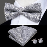 Hi-Tie Brand Silk Pre-tied Men's Bow Tie Hanky Cufflinks Set Bowtie for Male Jacquard Solid Paisley Floral Wedding Business Gift