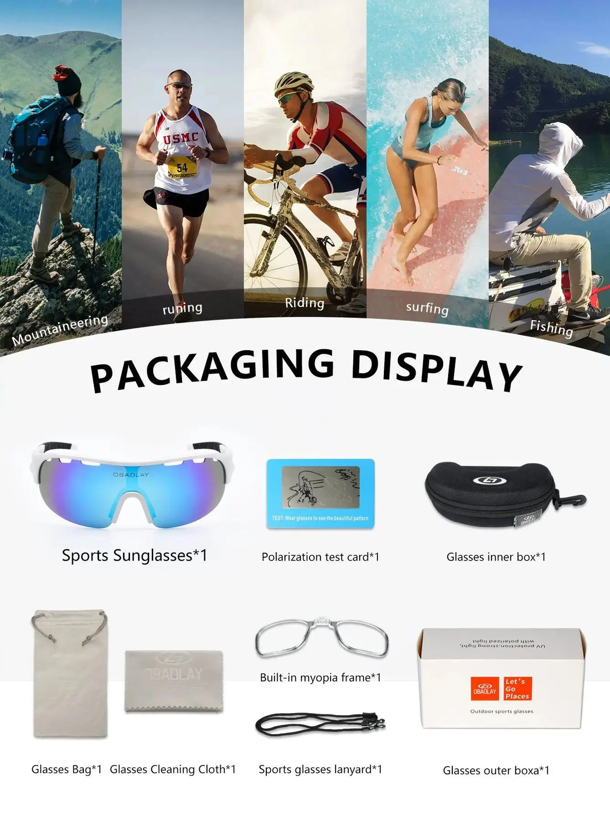 1 Set  Cycling Sports Glasses Polarized Lenses Fishing Golf Mountaineering Running Goggles
