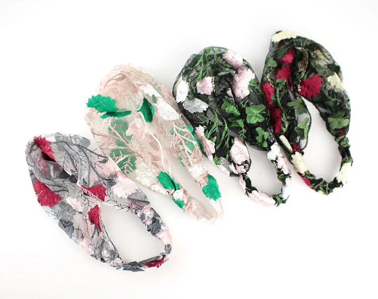 New Wide Headband for Women Ethnic Embroidery Flower Mesh Wide Edge Headbands Hibiscus Mutabilis Lace Bandaba Turban Headwear
