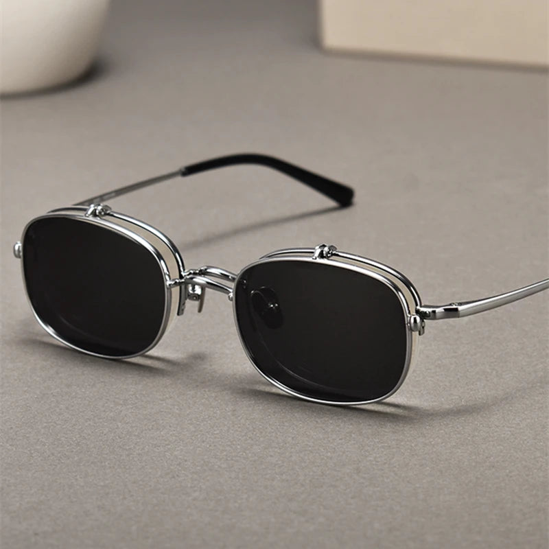 Vintage Titanium Square Glasses Frame with Flip Up Sunglasses Women Brand Designer Eyeglasses Men Trendy Semi Rimless Eyewear