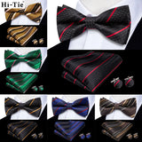 Hi-Tie Striped Black Red Mens Bow Tie Hankerchief Cufflink Pre-tied Silk Butterfly Knot Bowtie for Male Business Party Wholesale