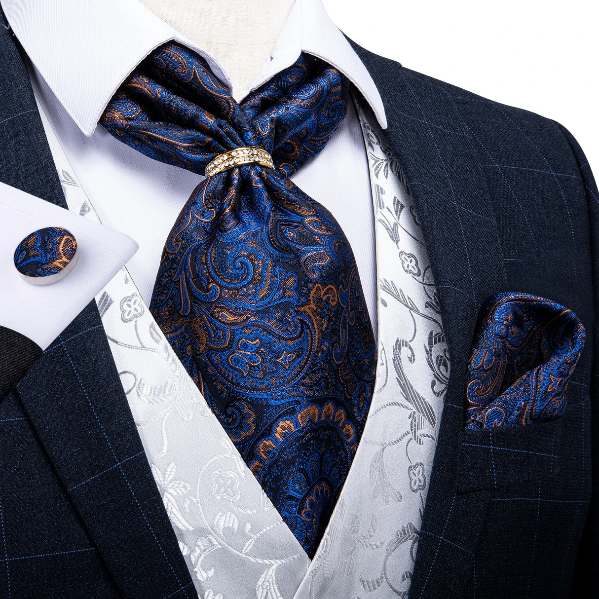 Luxury Silver Paisley Men Ascot Tie Wedding Formal Cravat Ascot Scrunch Self British Neck Tie Set Pocket Square Cufflink DiBanGu