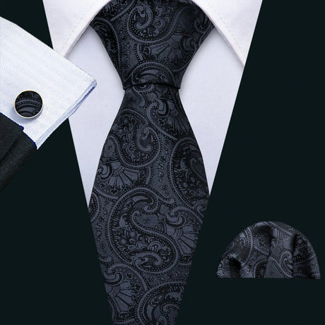 Business Black Silk Ties For Men Classic Solid High Quality Woven Pocket Square Cufflinks Sets Party Formal Designer Barry.Wang