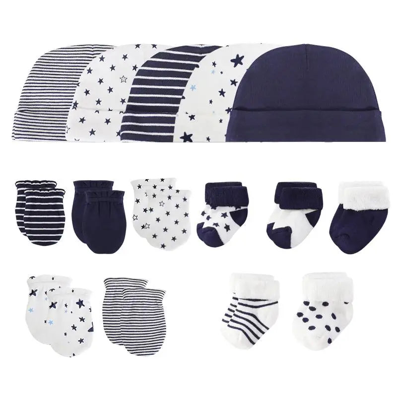 15Pieces New Born Gloves+Hats+Socks Sets Cartoon 100%Cotton Baby Boy Girl Headwear 0-12M Solid Color Infant Supplies Accessories