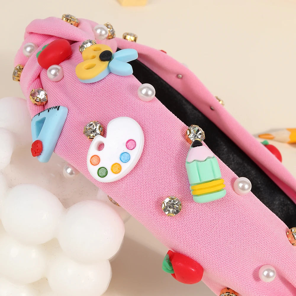 Knotted Wide Headbands Diadem For Back To School Pearls Pencil Hair Bands Kids Head Hoop Girls Children Daily Tiara Accessories