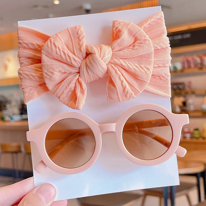 2 Pcs/Set New Children Solid Color Cotton Bowknot Wide Hairband Round Sunglasses Set Baby Girls Sunglasses Kids Hair Accessories