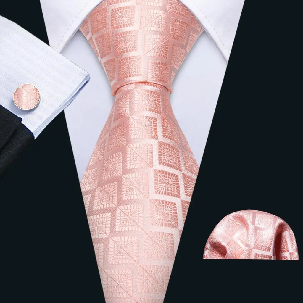 Barry.Wang Orange Silk Men Tie Hanky Cufflinks Set Jacquard Pink Purple Salmon Gold Necktie for Male Wedding Business Party Gift