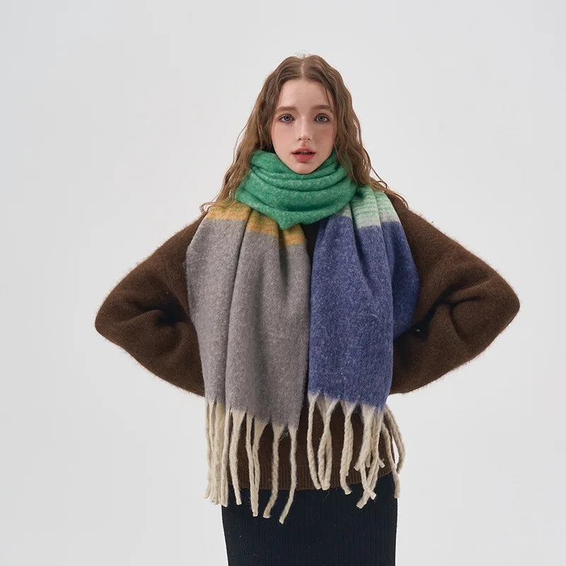 Women Ins Korean Gradient Colour Blocking Scarf Striped Tassel Shawl Winter Faux Cashmere Outwear Soft Windproof Scarfs