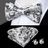 Hi-Tie Brand Silk Pre-tied Men's Bow Tie Hanky Cufflinks Set Bowtie for Male Jacquard Solid Paisley Floral Wedding Business Gift