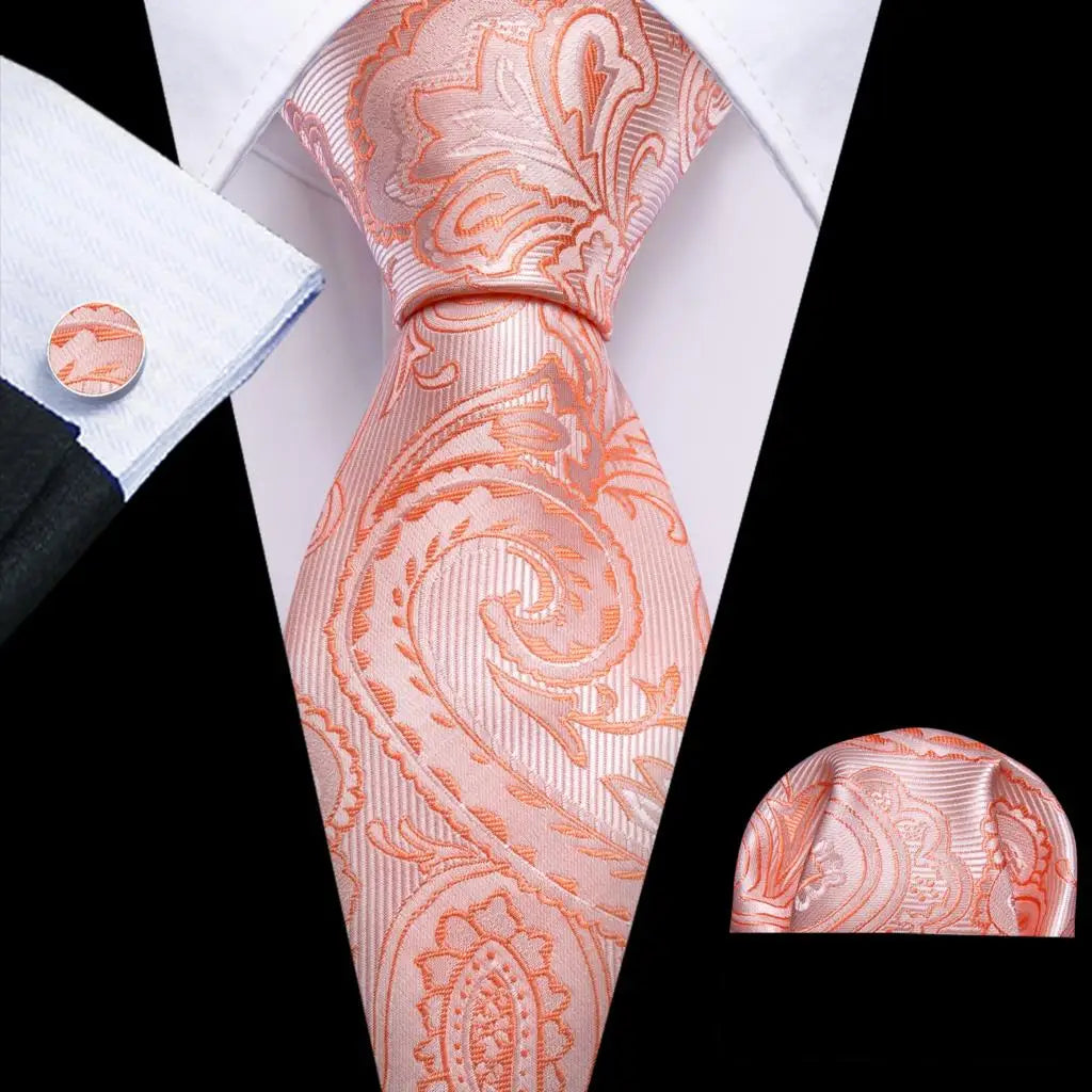 Barry.Wang Orange Silk Men Tie Hanky Cufflinks Set Jacquard Pink Purple Salmon Gold Necktie for Male Wedding Business Party Gift