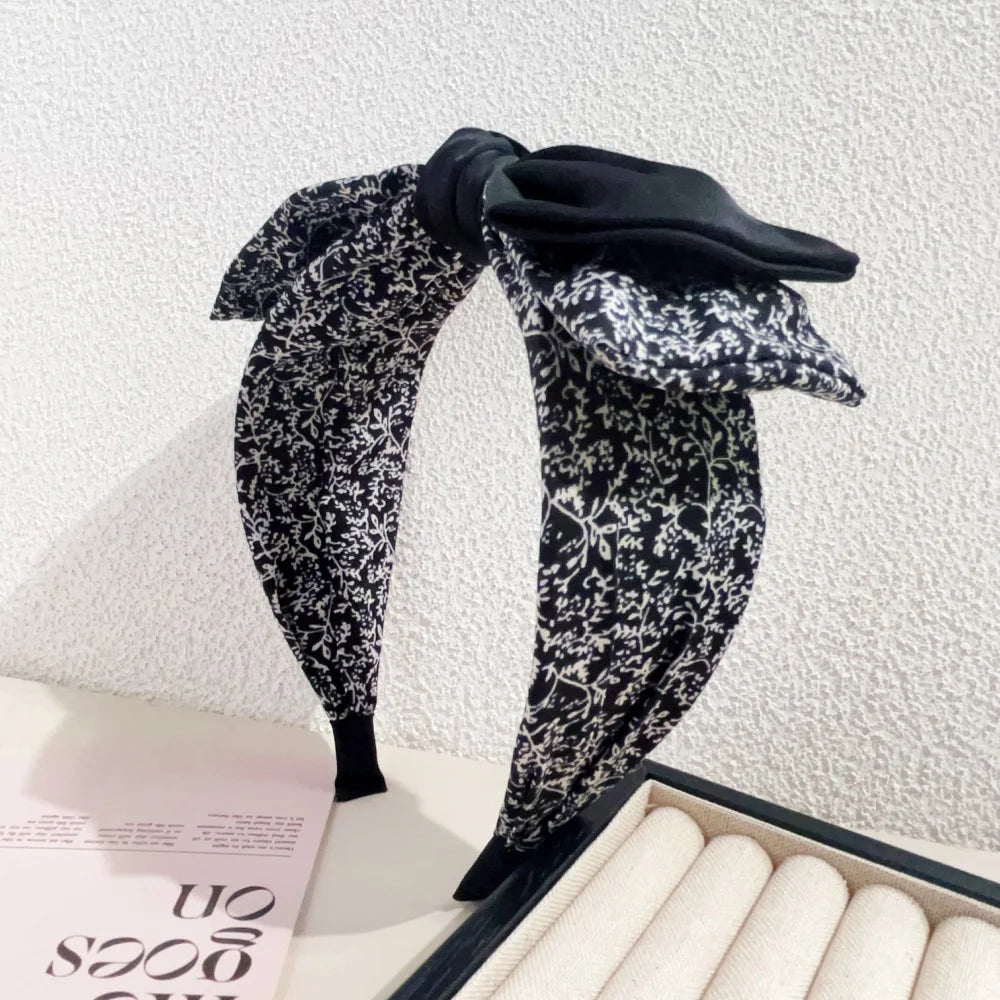 Elegant Floral Black White Hairbands for Women Girls Wide Edge Soft Hair Hoops Big Bowknot Cross Headband Hair Styling Tool Gift
