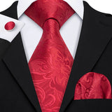 Barry.Wang Red Maroon Burgundy Rose Silk Men's Tie Pocket Square Cufflinks Set Jacquard Necktie for Male Wedding Business Party