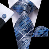 Hi-Tie Designer Grey Plaid Novelty Silk Wedding Tie For Men Handky Cufflink Gift Mens Necktie Fashion Business Party Dropshiping