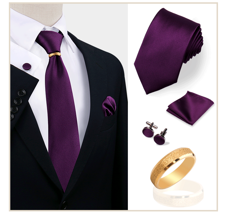 Luxury Solid Silk Ties Set For Men Necktie Handkerchief Cufflinks With Gold Metal Ring Brooch Suit Wedding Party Men Accessories