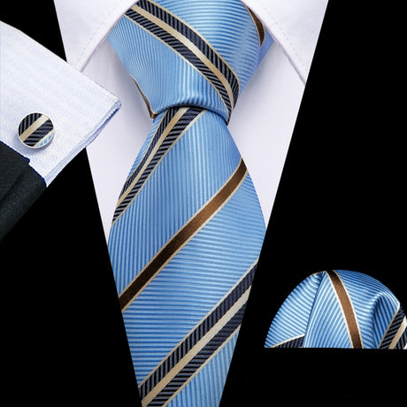 New Blue Silk Ties High Quality For Men Classic Plaid Woven Handkerchife Cufflinks Sets Groom Wedding Designer Barry.Wang 1535