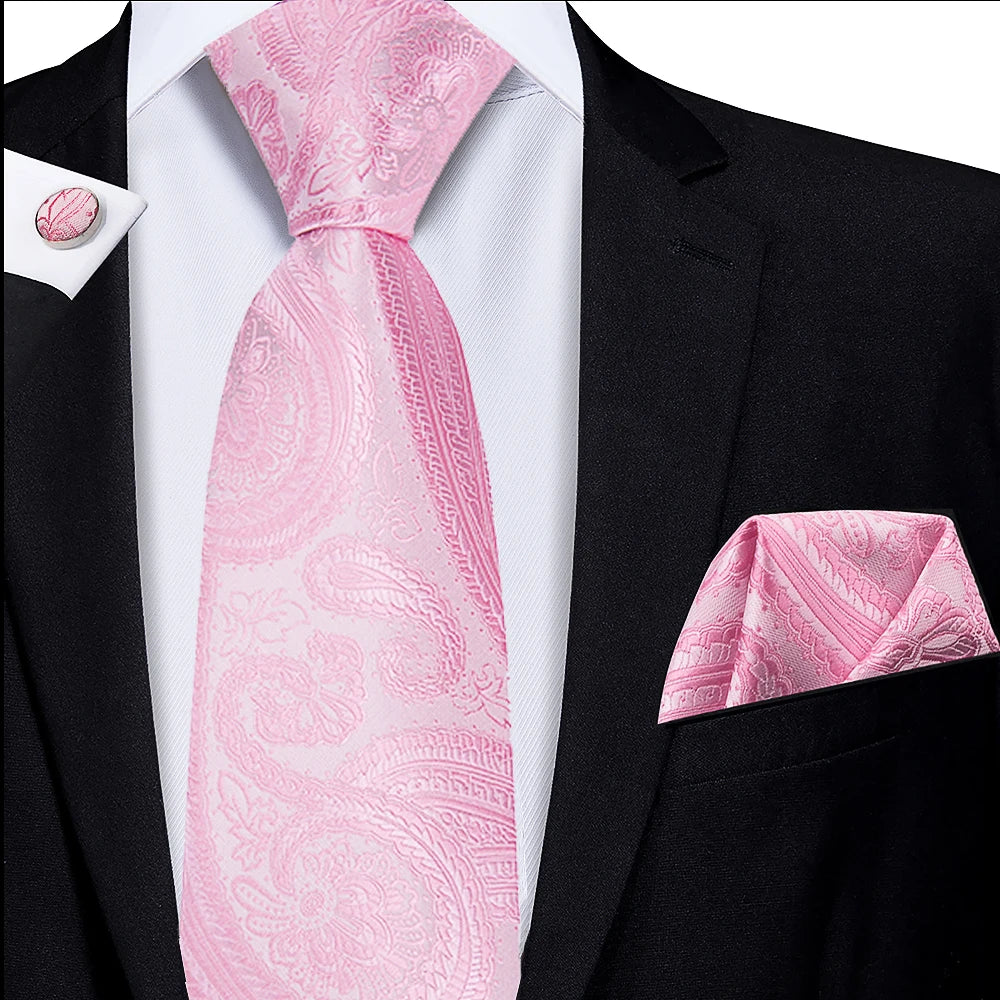 Barry.Wang Pink Silk Mens Tie Hanky Cufflinks Set Peach Salmon Rouge Rose Jacquard Necktie For Male Wedding Party Business Event