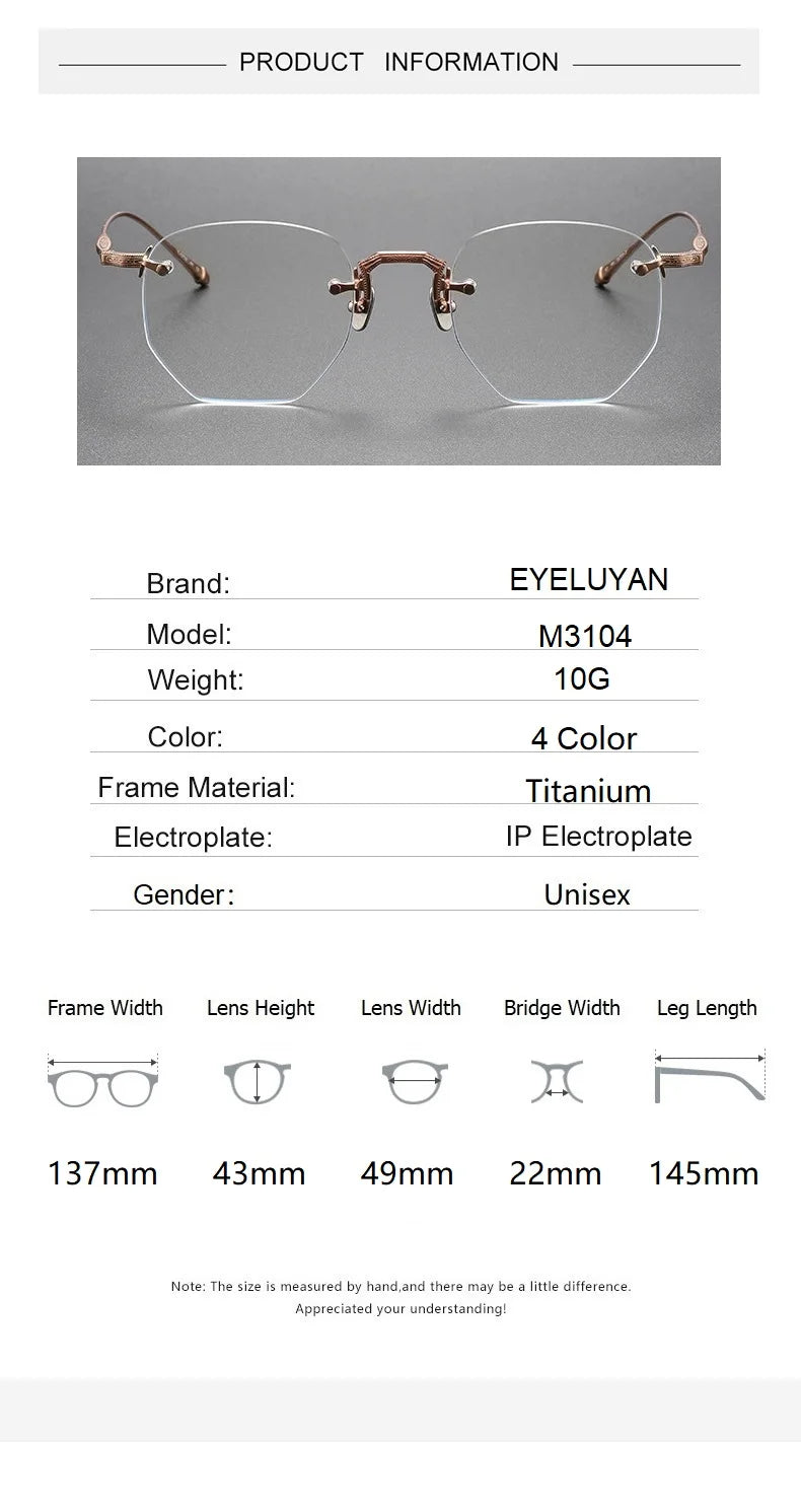 EYELUYAN Prescription Glasses 1.61 MR-8 Anti Radiation Aspheric Lens Myopia Optical Rimless Eyeglasses Pure Titanium Frame