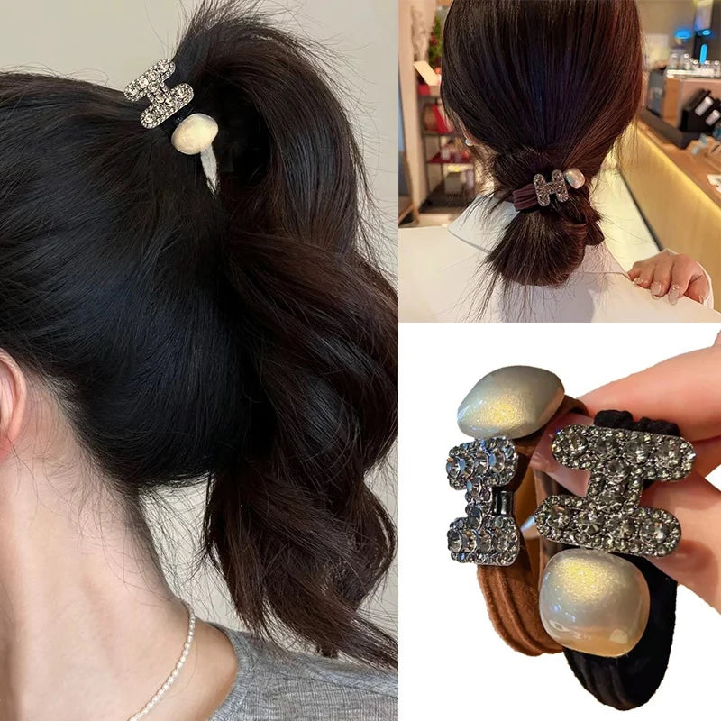 Luxury Full Diamond Letter H Hair Rope Non-slip Ponytail Hair Rubber Band High Elastics Hair Ties for Girl Accessories Headwear