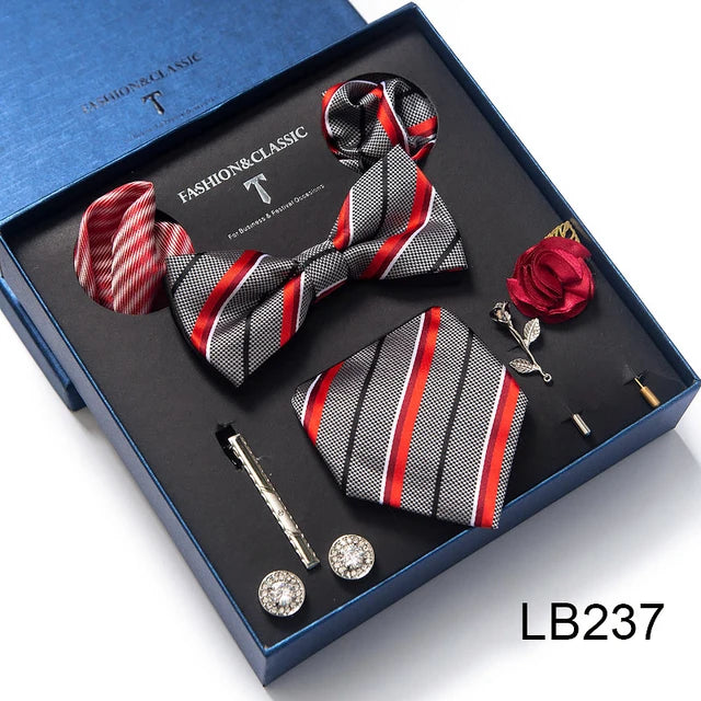 Brand Newest Design Silk Tie Set Handkerchief Pocket Squares Cufflink Bow Tie Clip Necktie Set Bussiness Wedding Suit Gift Box