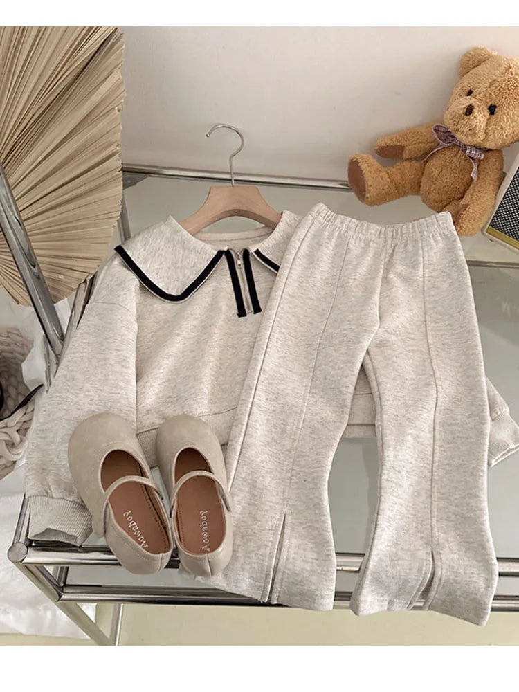 Ensemble deux pièces décontracté pour fille, style coréen, printemps-automne, col poupée, sweat à capuche et pantalon à manches longues, 3-7 ans