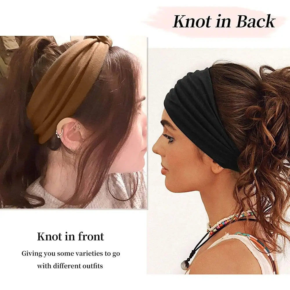 Fashion Solid Color Wide Hair Band Elastic Knotted Yoga Hairband Sports Headband Women