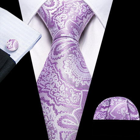 Male Gift Silk Men Tie Set Purple Violet Solid Paisley Striped Wedding Business Tie for Man Necktie Handky Cufflinks Barry.Wang