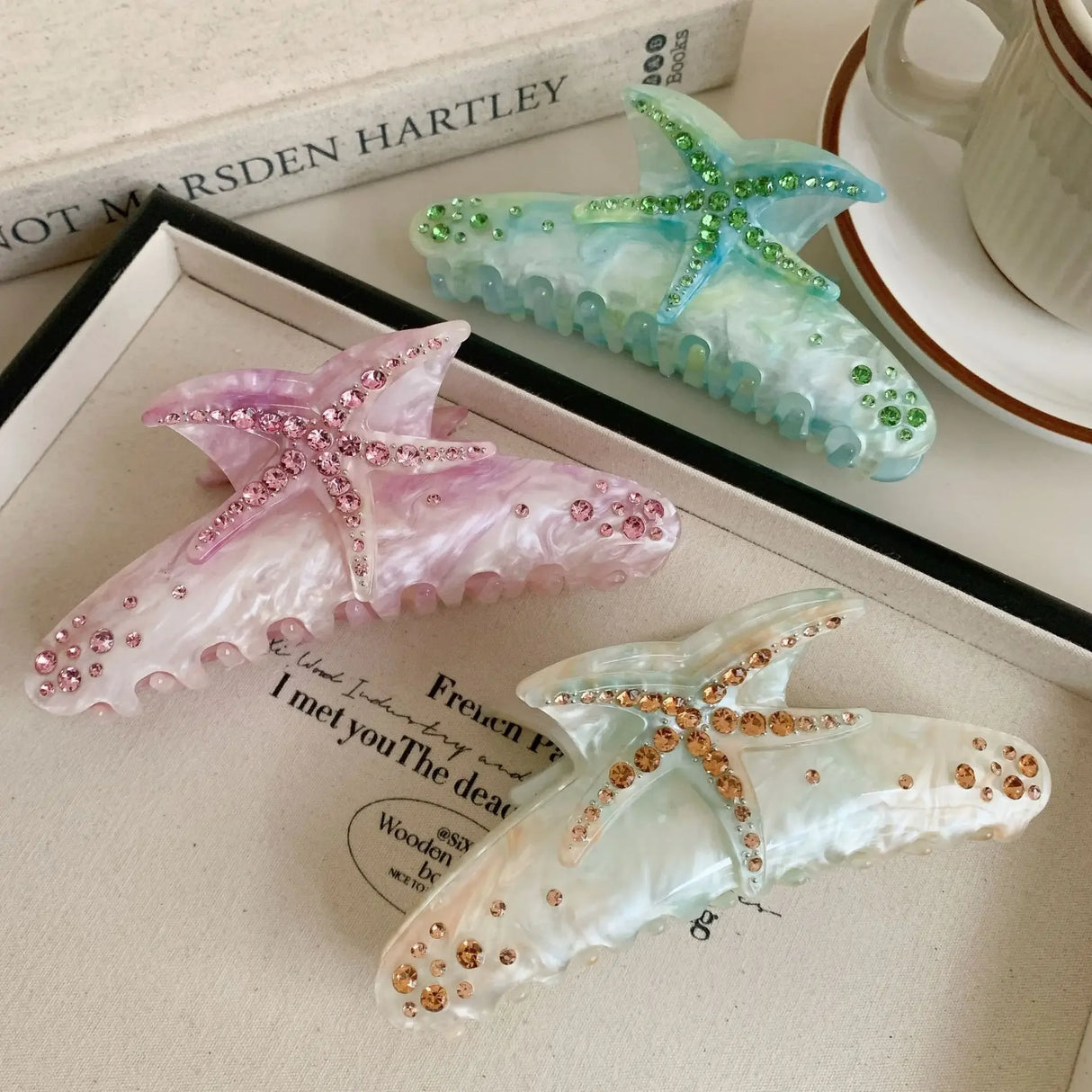YHJ Starfish Hair Claw for Women Rhinestone Acetate Claw Clip Vacation Jewelry Hair Clip Trendy Claw Clips Hair Accessories
