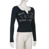Black T-shirt Women Autumn Letter Print Streetwear Long Sleeves O-Neck Bodycon Sexy Top Button Fashion Casual Slim Tees Female
