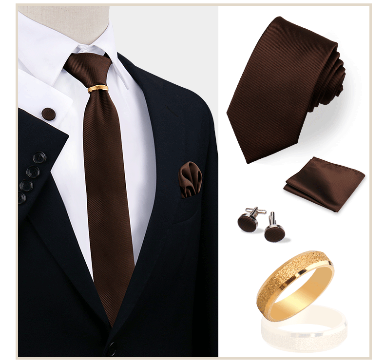 Luxury Solid Silk Ties Set For Men Necktie Handkerchief Cufflinks With Gold Metal Ring Brooch Suit Wedding Party Men Accessories