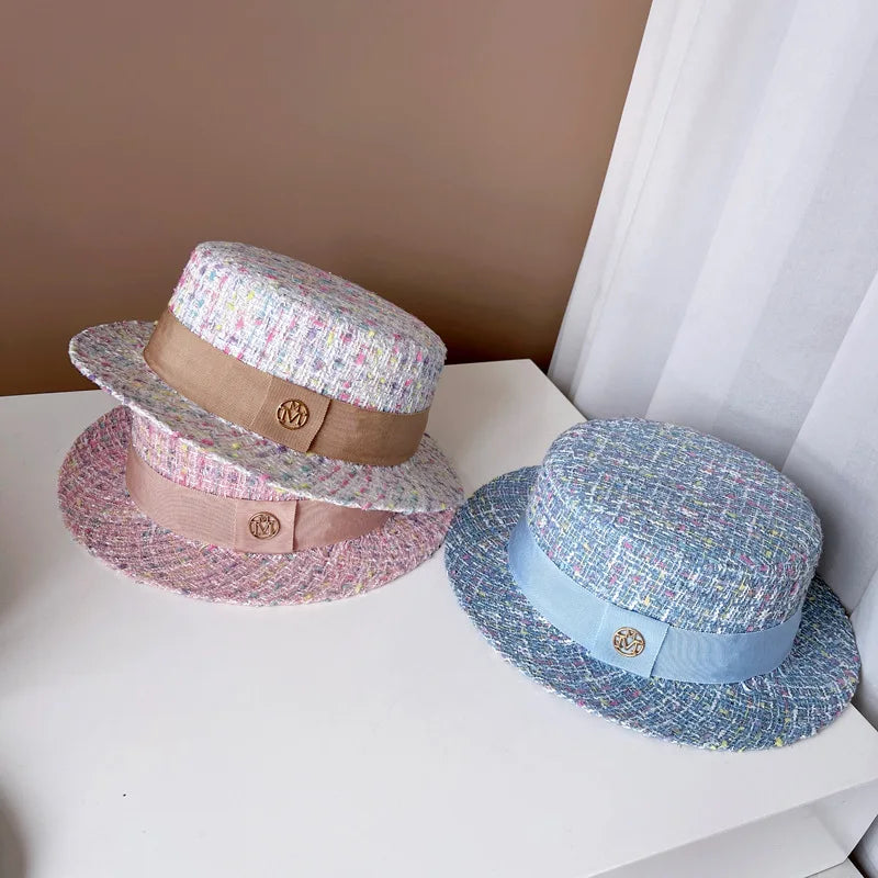 Europe and America xiao xiang style pearl flat top color jacquard hat pink tweed top hat women's autumn and winter fashion hats