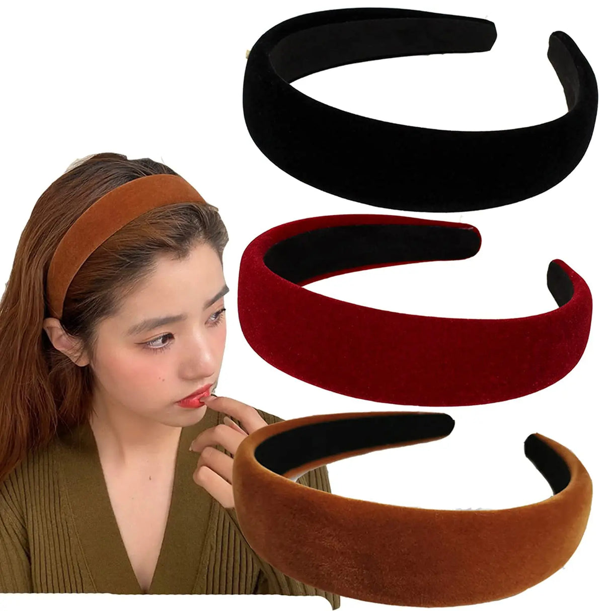 3 Pcs Black Velvet Padded Headbands for Women, Soft Simple Headband for Girls and Teens, Plain No Teeth Thick Hoops Hair Accesso