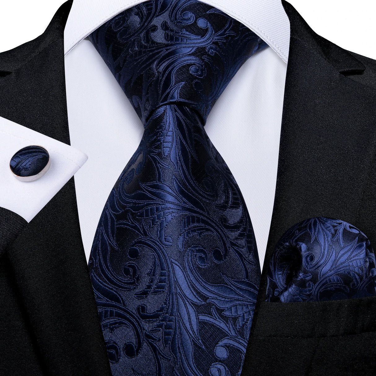 Elegant Blue Floral Paisley Men's 8cm Silk Tie Set with Pocket Square Cufflinks Business Suits Accessories Groom Wedding Cravat