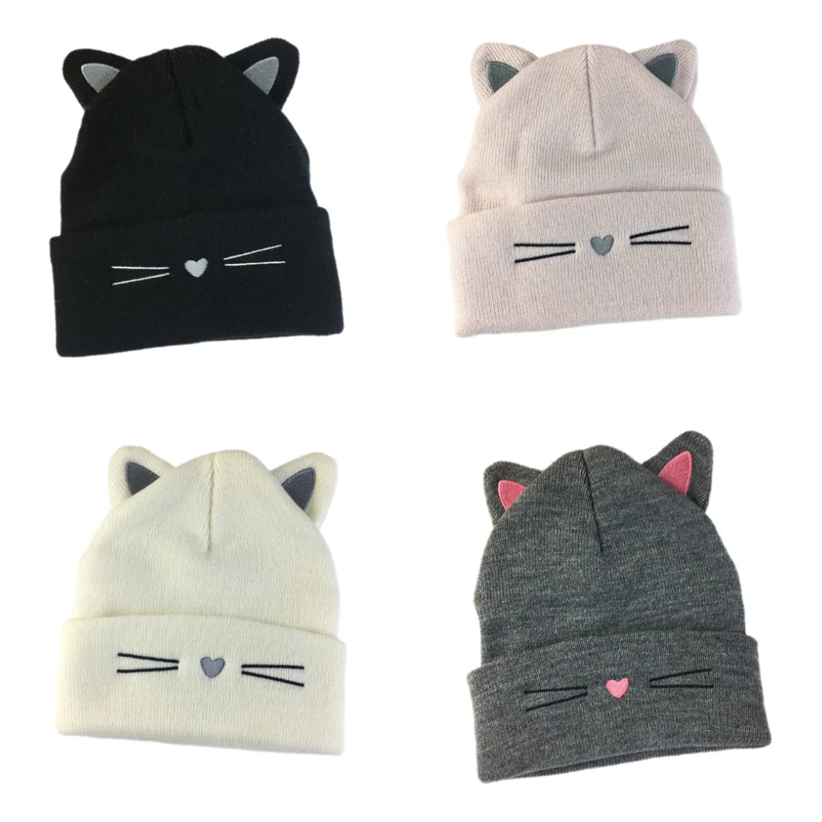 Cute Cat Embroidery Brimless Cap Outdoor Warm Ear Protection Cat's Ears Pullover Hat Woman Autumn and Winter Soft Head Cap