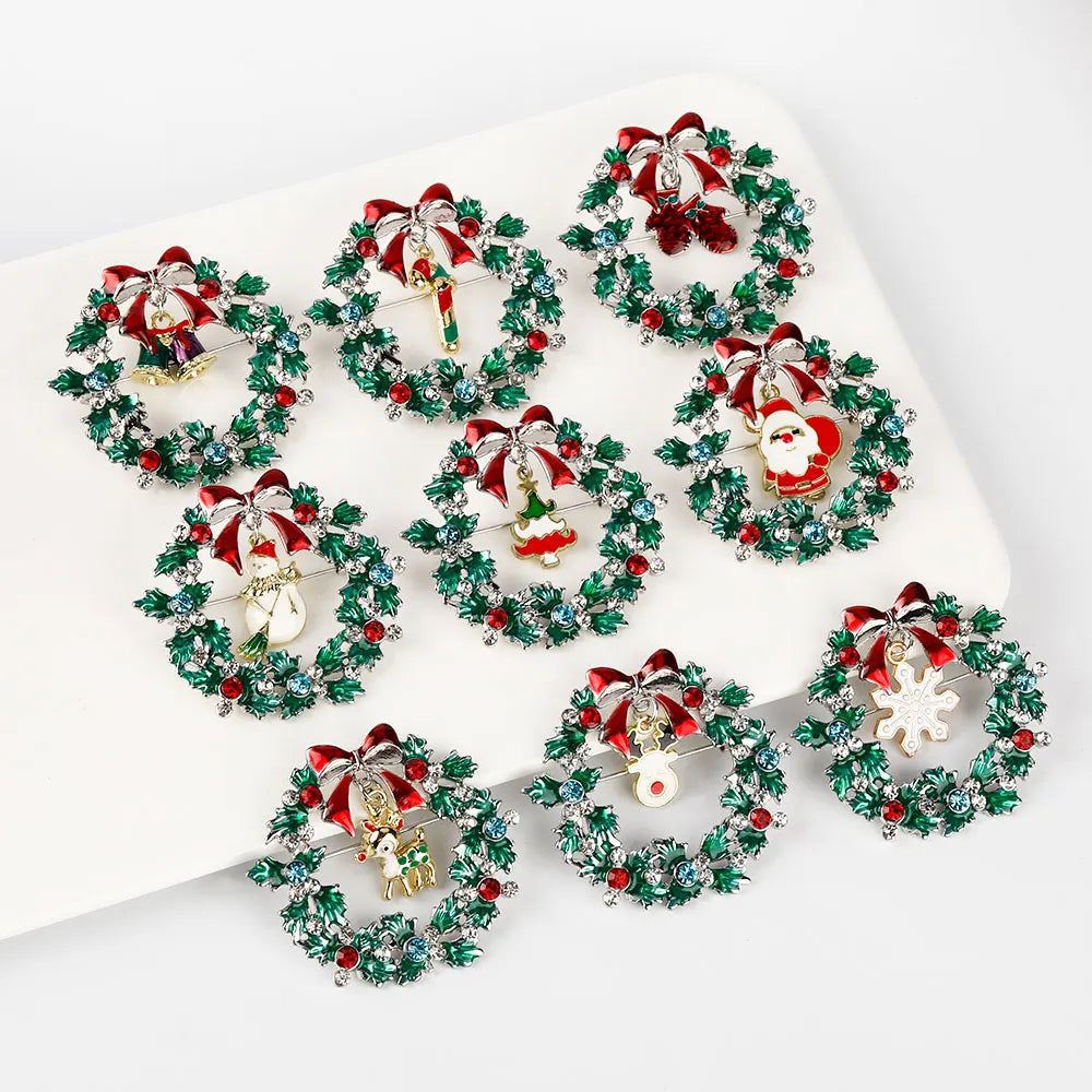 Christmas Wreath Collection Enamel Crystal Brooches With Candy Canes Bells Santa Claus Reindeer Snowman Snowflake Tree Drop