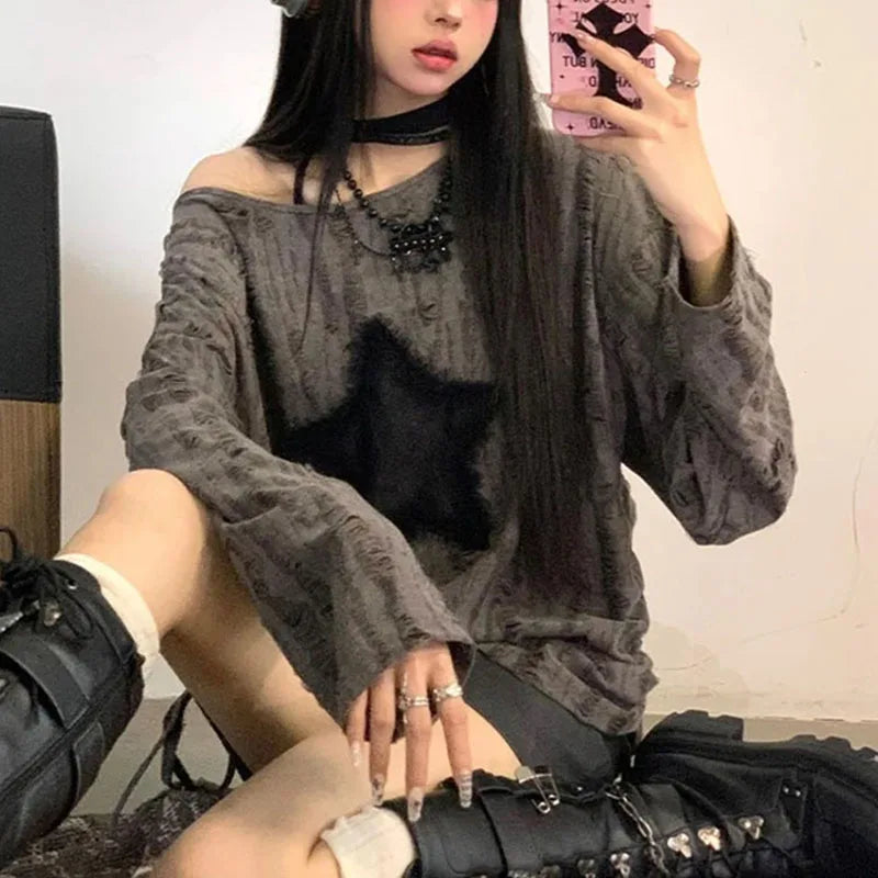 Y2K Hole Star Print T-Shirt Women Fashion Streetwear Off Shoulder Tops Summer Oversized Kpop Long Sleeve Loose Tees Ladies New